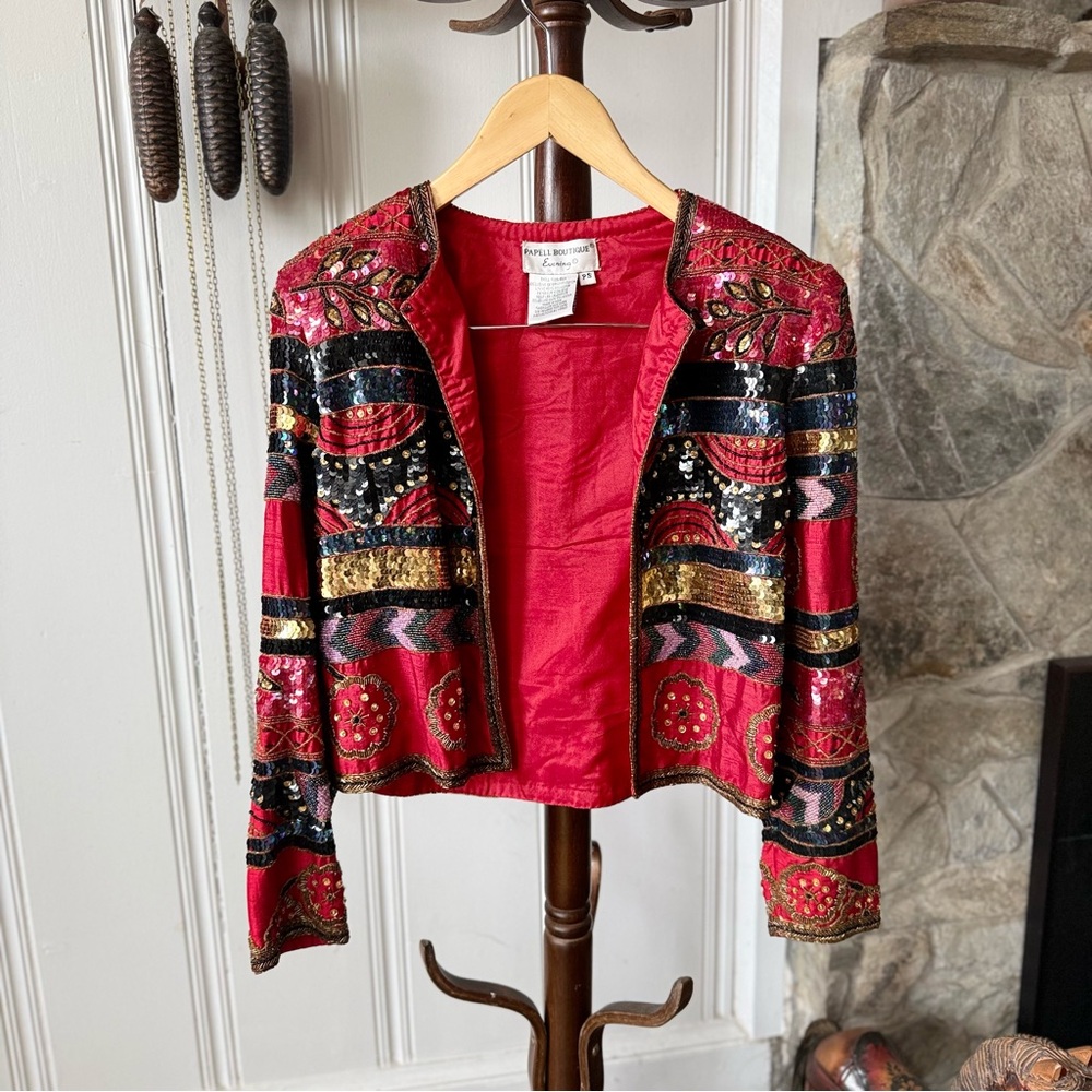 Papell Boutique Red and Black Glass Bead & Sequins Silk Evening Jacket Blazer